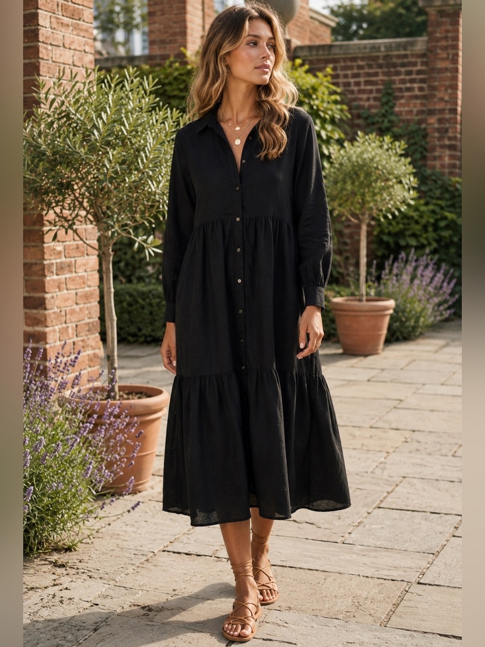 Joie Black Linen Blend Tiered Shirt Dress Button Front Midi Size Large